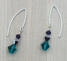 Teal, purple, silver crystal long fish hook earrings