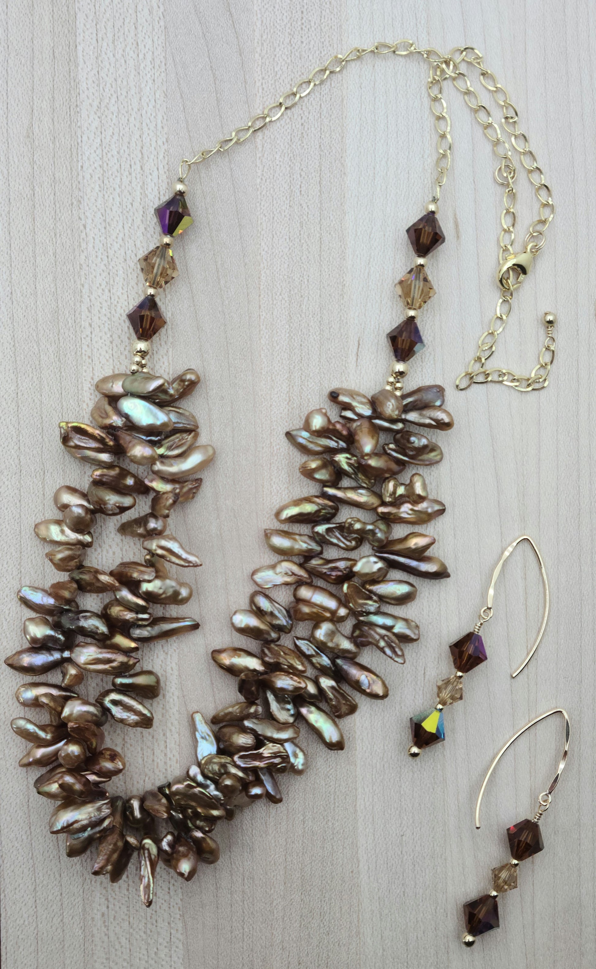 Twisted Gold Spike Pearl Necklace & crystal earrings