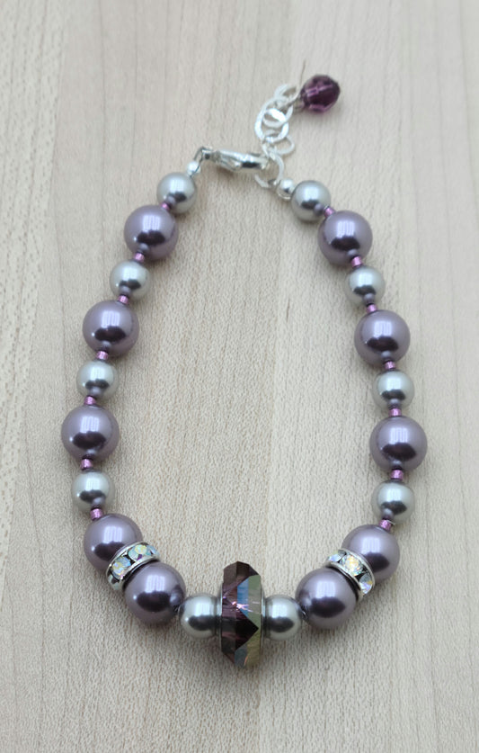 silver & dark & light mauve crystal pearl & crystal bracelet