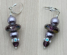 silver & dark & light mauve crystal pearl & crystal earrings