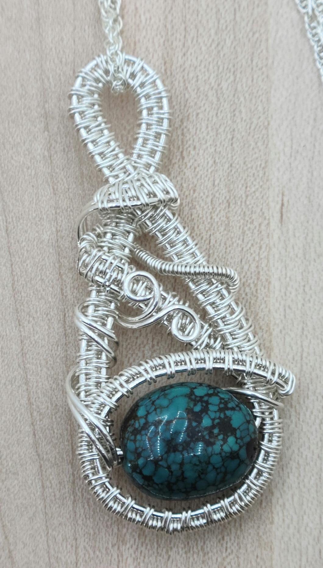 Woven Wire Silver Fill & Turquoise Nugget Pendant