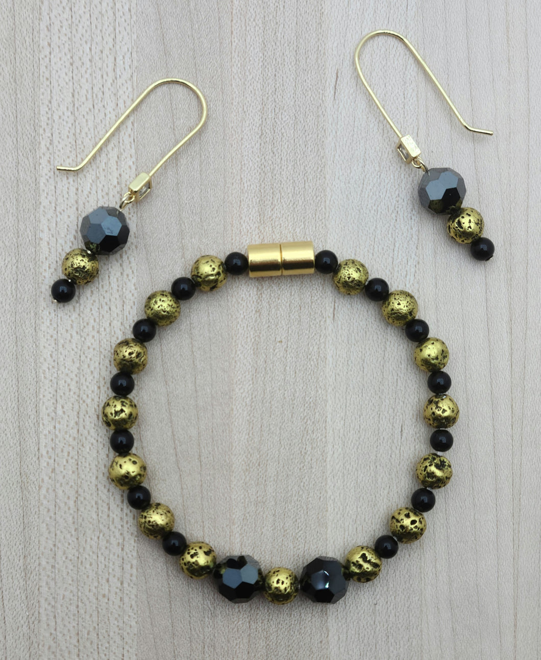 Gold Plated Lava Stone Bracelet & Earrings with onyx & crystals
