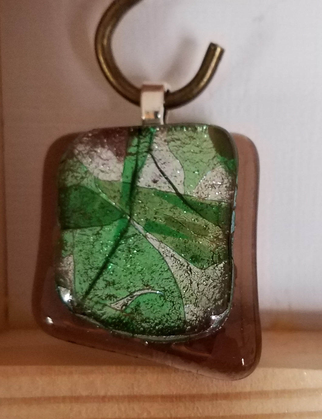 Fused-Glass-Pendant-Dichroic-green-silver-patterned