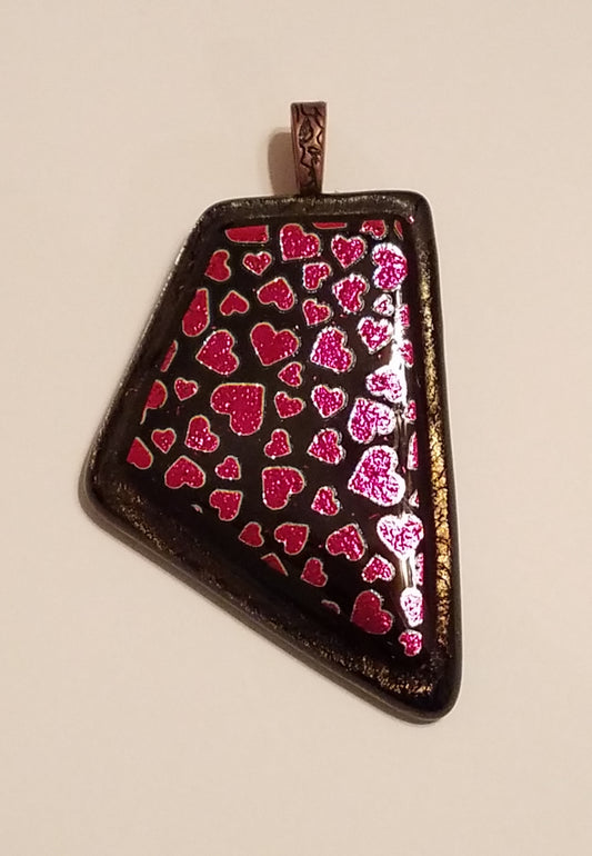 Fushia Hearts dichroic glass fused to bronze colored opaque glass. Pendan